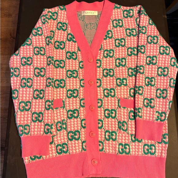 Gucci Sweaters - Inspired by Gucci - Vibrant Pink and Green Logo Cardigan